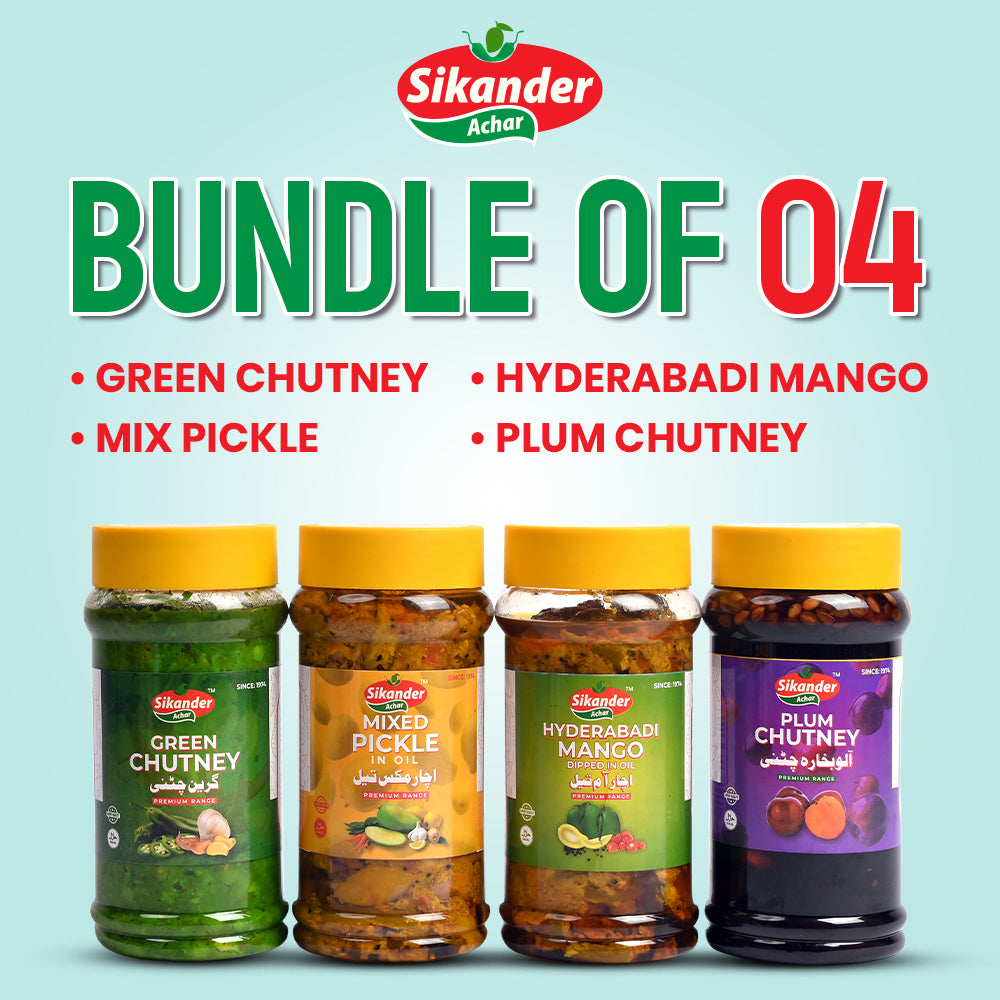 Bundle of 4 (Green Chuteny, Hydrabadi Mango, Mix Pickle, Plum Chuteny)