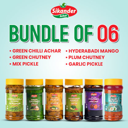 Bundle of 6 (Green Chilli Achar, Hydrabadi Mango, Mix Pickle, Plum Chuteny, Green Chuteny, Garlic Pickle)