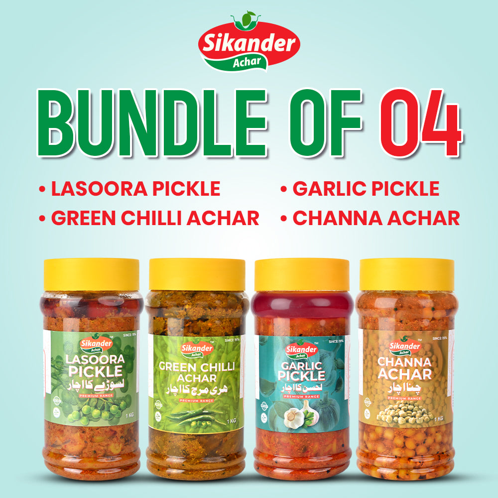 Bundle of 4 (Green Chilli Achar, Lasoora Pickle, Channa Achar, Garlic Pickle)