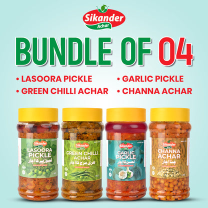 Bundle of 4 (Green Chilli Achar, Lasoora Pickle, Channa Achar, Garlic Pickle)