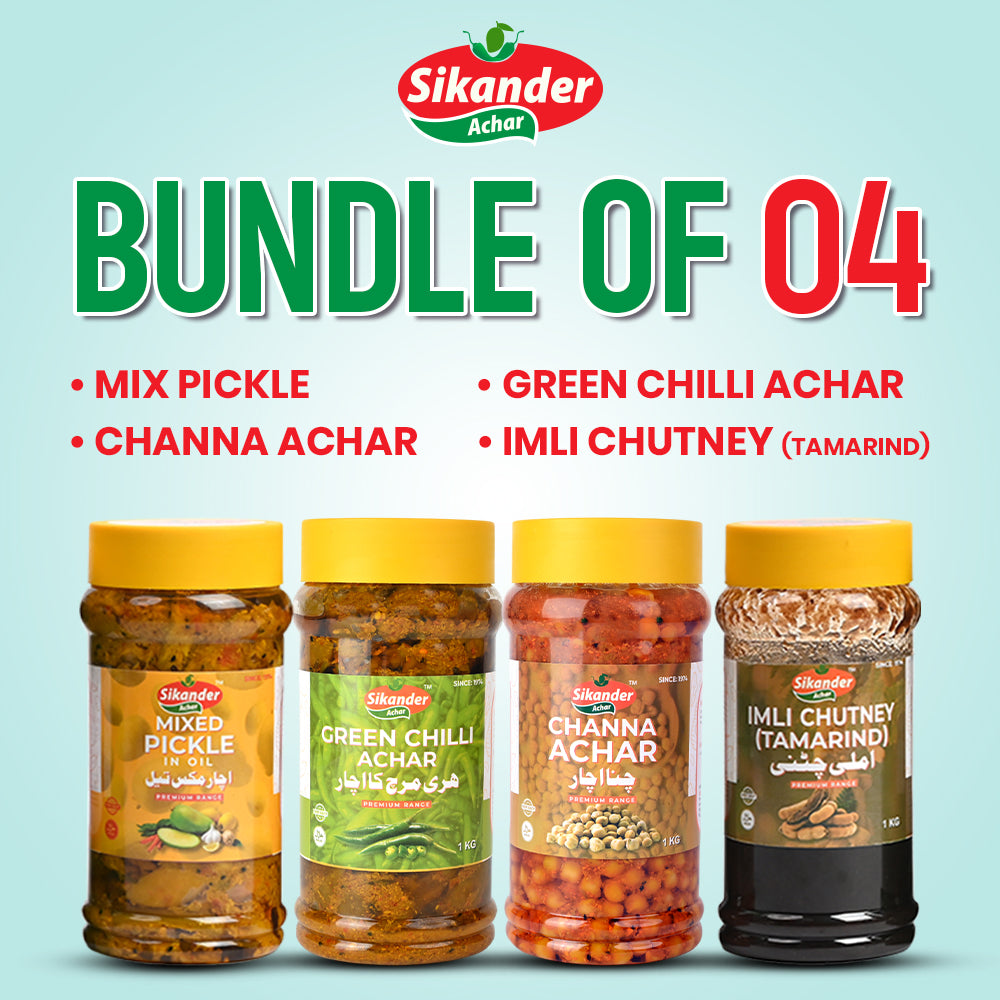 Bundle of 4 (Green Chilli Achar, Imli Chuteny, Channa Achar, Mix Pickle)