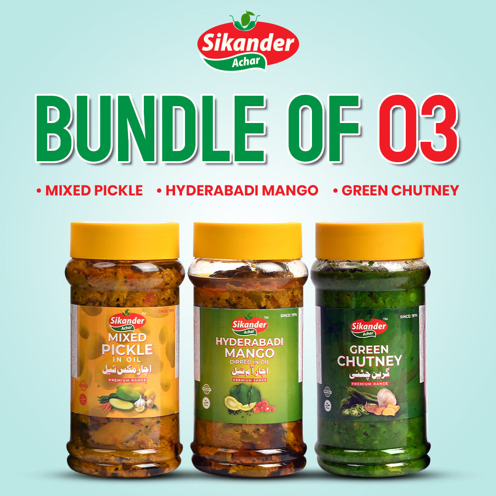 Bundle of 3 (Green Chutney, Mixed Pickle, Hydrabadi Mango)
