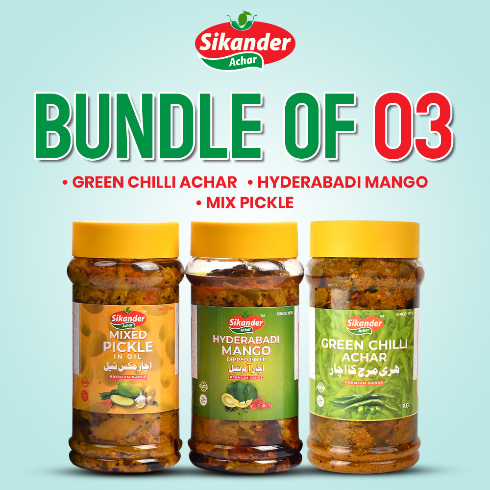 Bundle of 3 (Green Chilli Achar, Hydrabadi Mango, Mix Pickle)