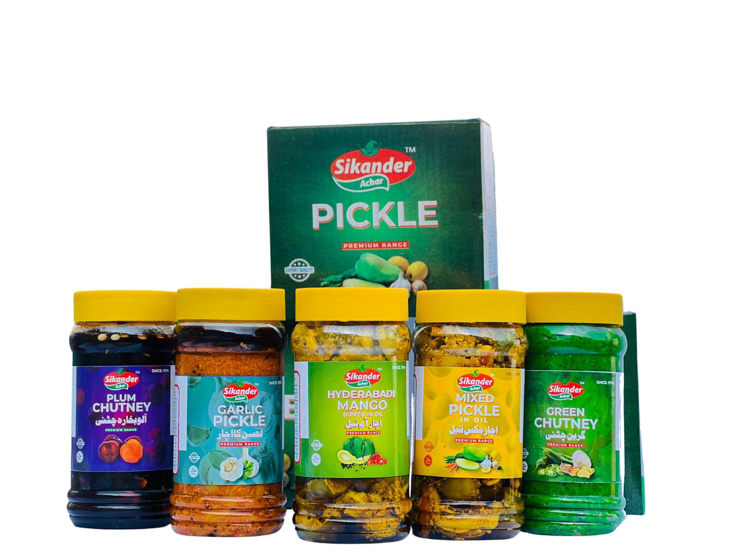 Pack of 5 (Mixed Pickle, Mango Pickle , Garlic Pickle , Green Chutney, Plum Chutney) 1000g